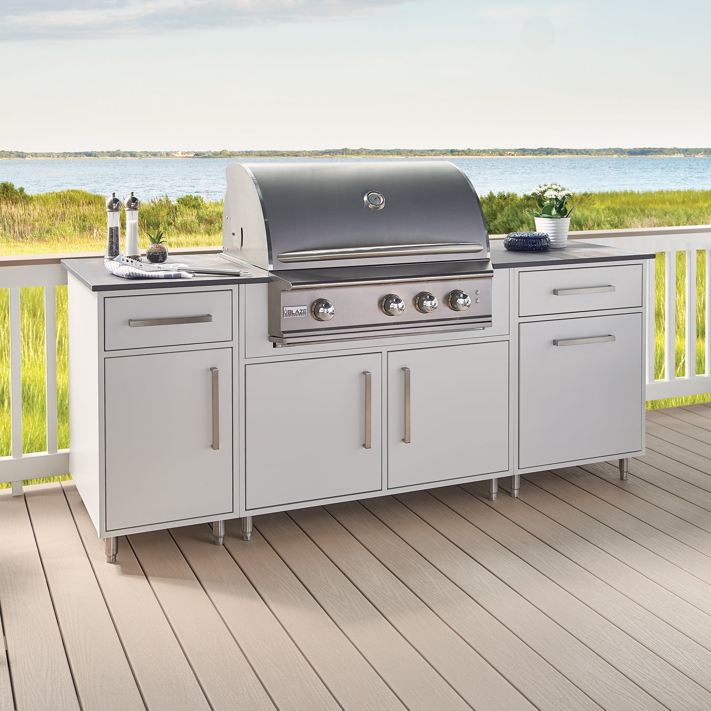 flat white outdoor kitchen cabinets grill set up