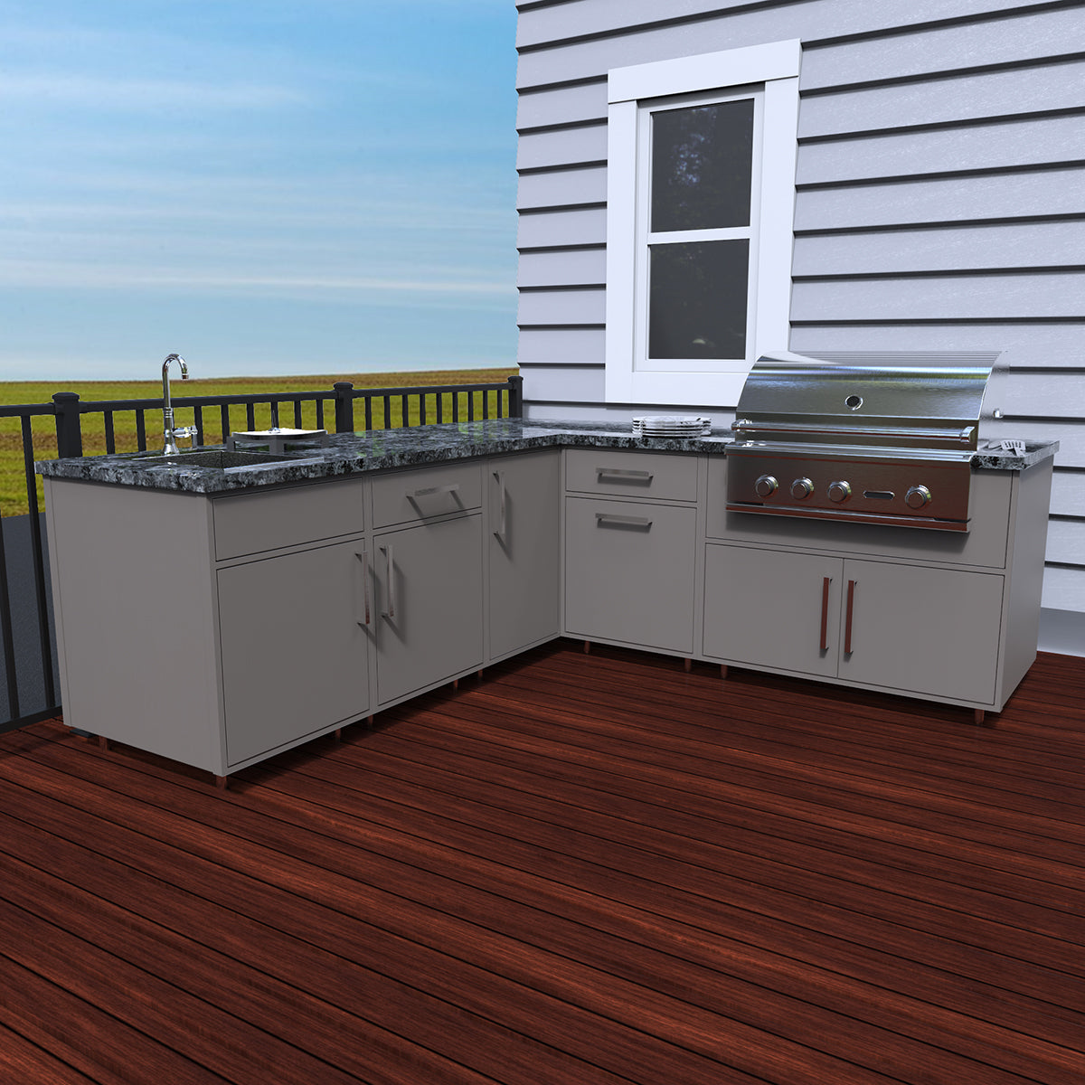 Flat Ash outdoor kitchen cabinets with grill and sink on a wooden deck
