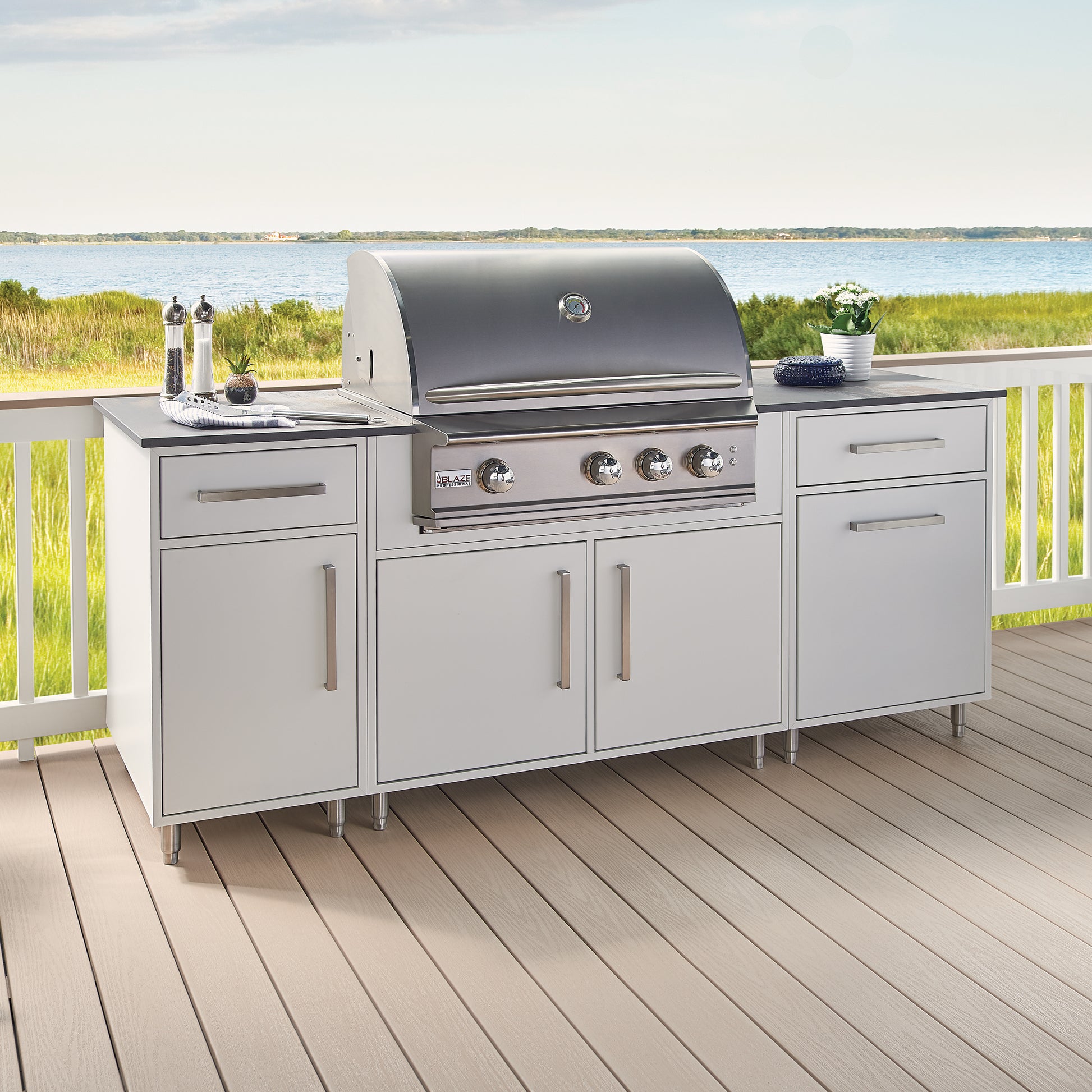 flat white outdoor kitchen cabinets grill set up